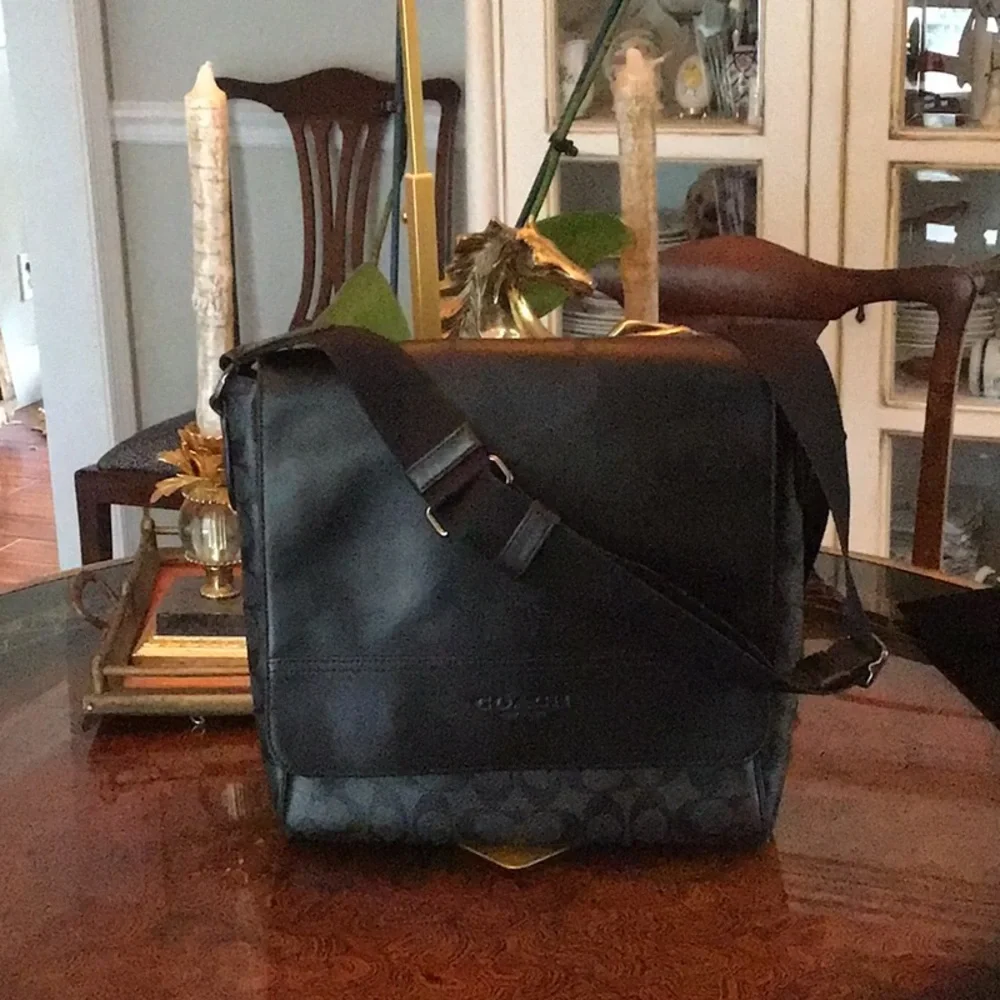 Coach Black Messenger Flap Bag with Leather Trim Houston Map